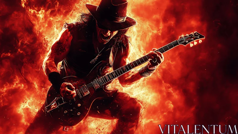 Inferno soloist shredding riffs inside a wildfire halo.