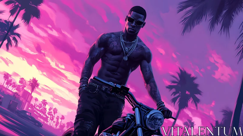 Neon sunset biker under palm-lined urban skyline.