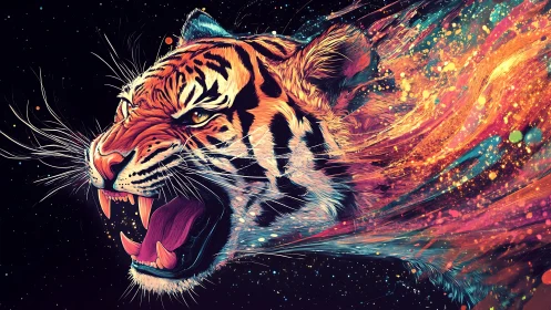 Explosive neon tiger portrait dissolves into cosmic paint trails