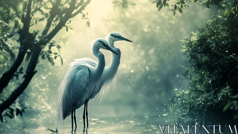 Two white herons standing in shallow misty wetland water.