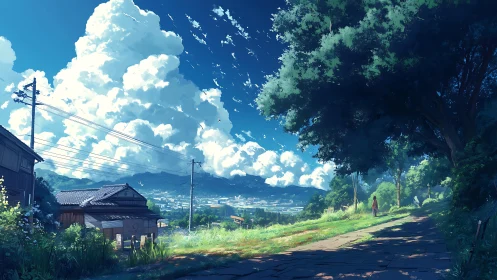 Summer hillside path overlooking bright drifting clouds.