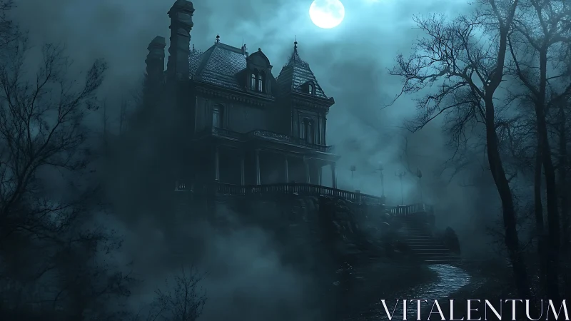 Moonlit Victorian manor rendered in high-contrast atmospheric fog