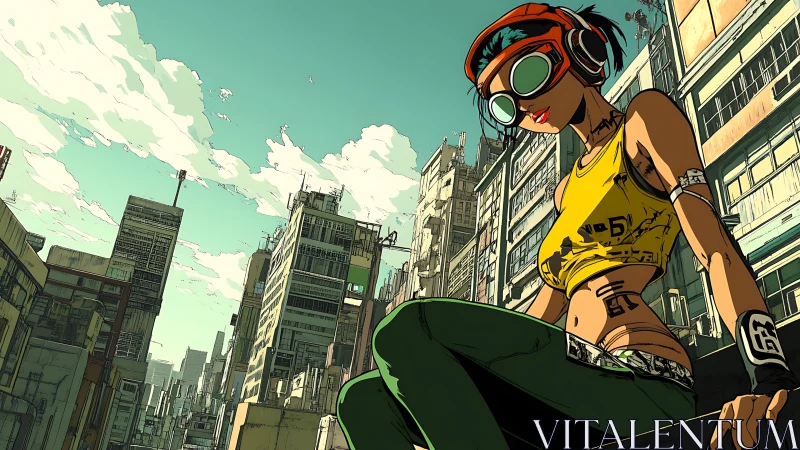 Female figure on rooftop ledge in dense urban environment.