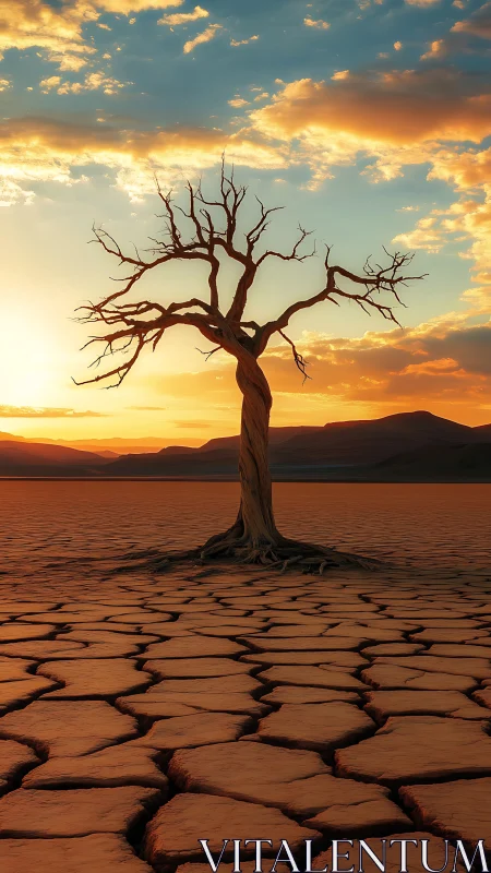 Twisted desert sentinel under embercloud sunrise sky.