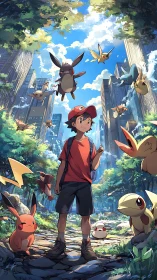 Young trainer stands among creatures in overgrown city street