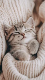 Tabby Kitten Nestled in Cream Knit Blanket, Eyes Closed