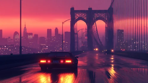 Retro sports car crosses neon city bridge at rainy dusk.