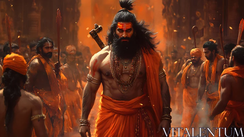 Warrior ascetic leads saffron-clad procession through firelit street.