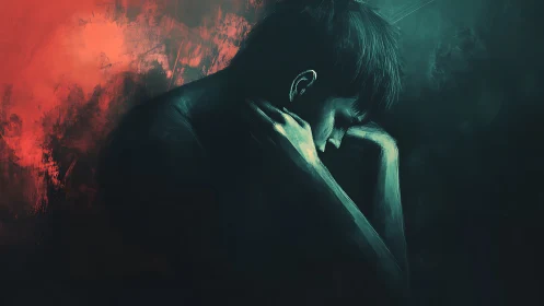 Low-key digital portrait of pensive figure in teal and red light