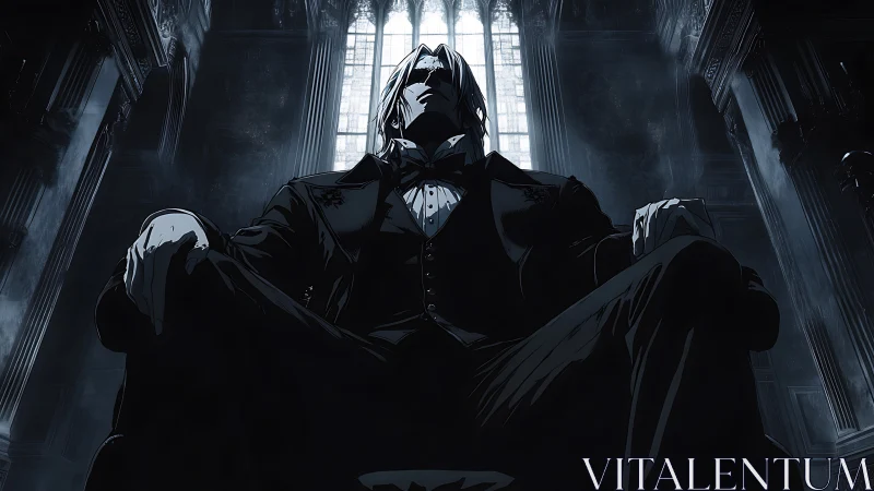 Dark suited figure seated in high-backed chair in hall.