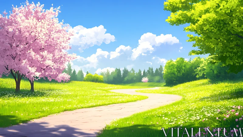 Spring meadow path under cherry blossom and clear sky.