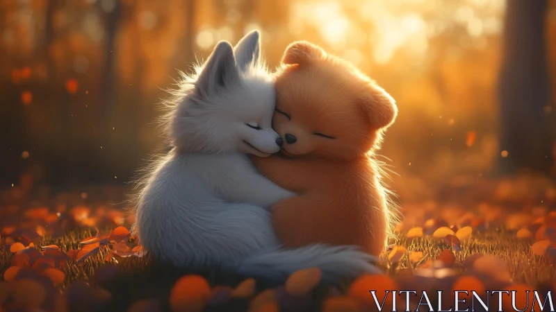 Two stylized animals embracing in soft autumn landscape.