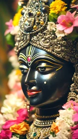 Radiant deity statue glows with jewels, flowers, and calm grace