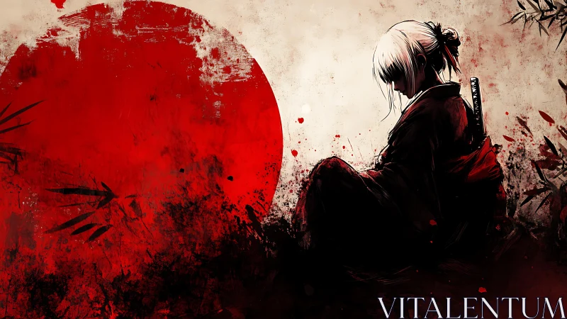 Solitary katana bearer in red-ink sunfield composition.