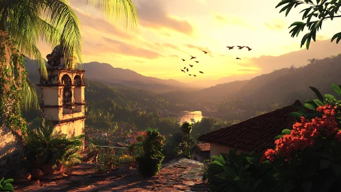 Sunlit mountain village terrace glows in golden dusk light.