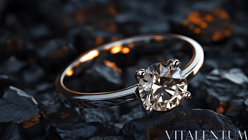 Solitaire diamond ring rendered on dark textured stones