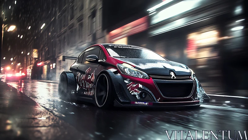 Modified Peugeot races through neon-lit rainy night streets.