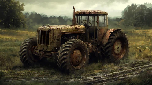 Rusting farm tractor stands idle on overgrown rural track