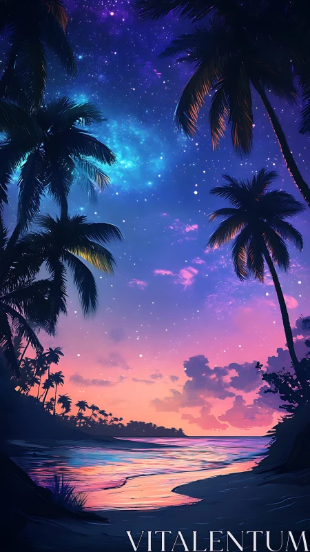 Starlit tropical shoreline soaked in dreamy neon twilight.