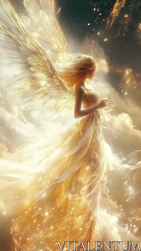 Radiant golden angel rises through luminous celestial clouds