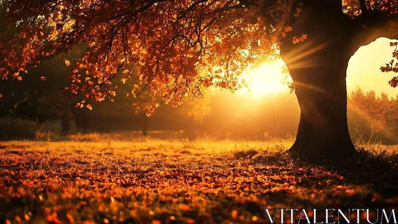 Sunlit autumn oak pouring liquid gold across the meadow.