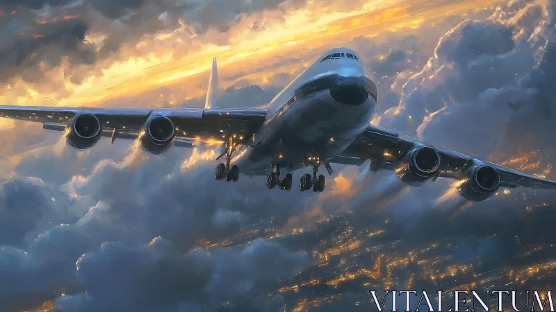 Widebody jetliner breaching storm cloud deck at golden hour.