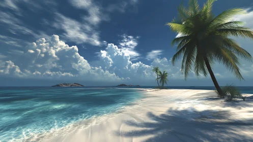 Tropical Coastal Beach Landscape with Palm Trees and Islands