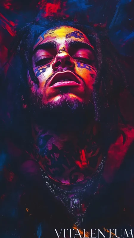 Portrait of tattooed figure with neon facial highlights.