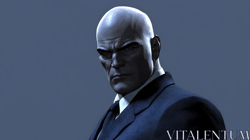 Bald stern man in dark suit against plain blue backdrop.