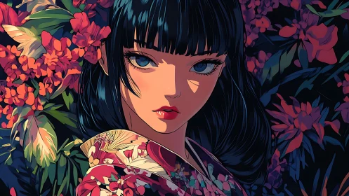 Elegant kimono girl gazes intensely amid lush florals.
