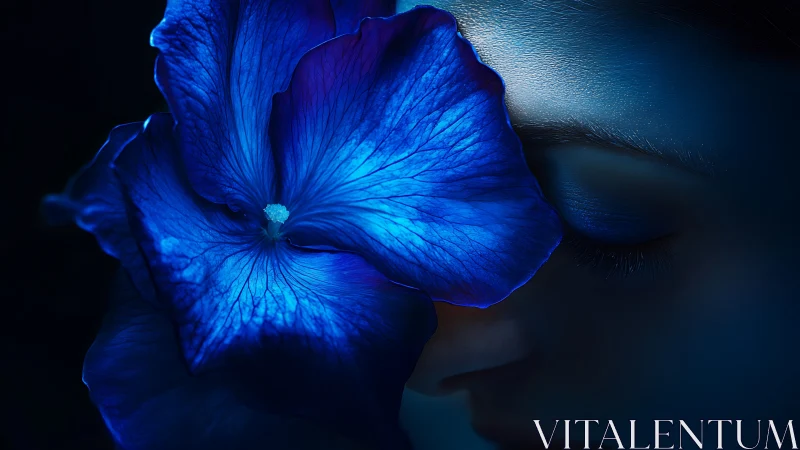 Midnight blue flower cradling a quiet, dreaming face.