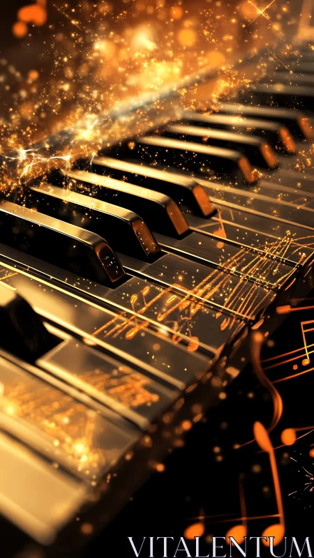 Piano keyboard with golden light trails and notation overlay.