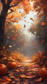 Autumn Forest Path with Falling Leaves and Pumpkins