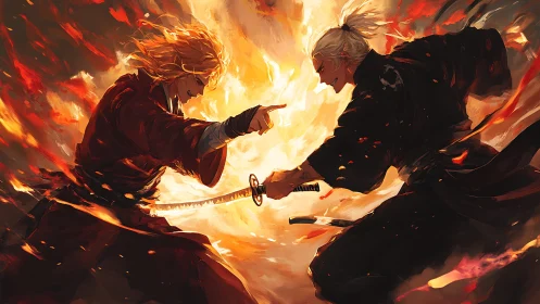 Bilateral katana duel amid radial fire vortex dynamics.
