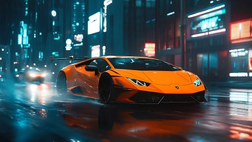 Orange sports car on wet neon city street at night.