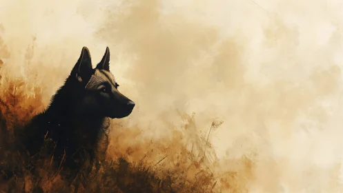 Solitary shepherd dog in misty amber fieldscape at dawn.