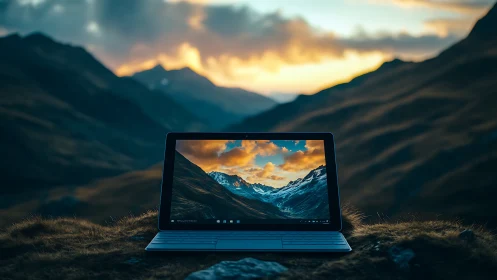 Ultrabook on alpine ridge with recursive landscape display symmetry.
