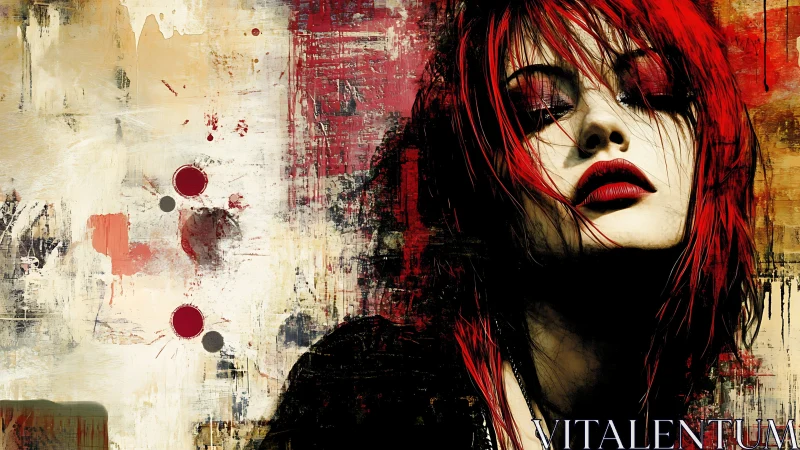 Red haired female portrait within textured abstract field.