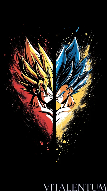 Split-screen illustration of two stylized warriors in profile.