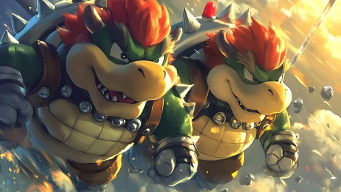 Twin turtle titans charge through a blazing sky together.