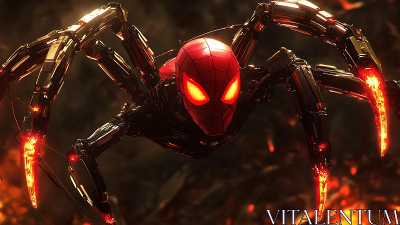 Mechanical spider hero with glowing limbs over lava field.