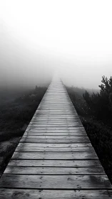 Fogbound boardwalk path fading into white horizon.