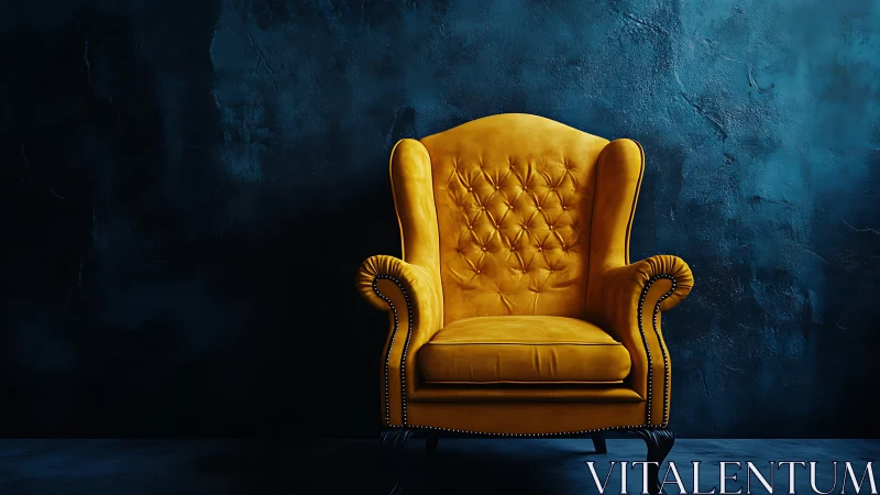 Golden velvet armchair against deep textured blue wall.