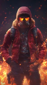 Flame‑hooded wanderer strides calmly through a rising inferno