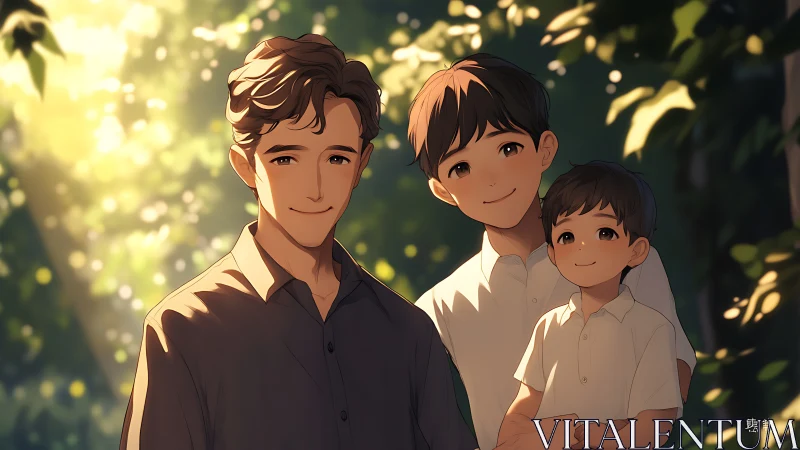 Sunlit anime family portrait with soft bokeh forest background