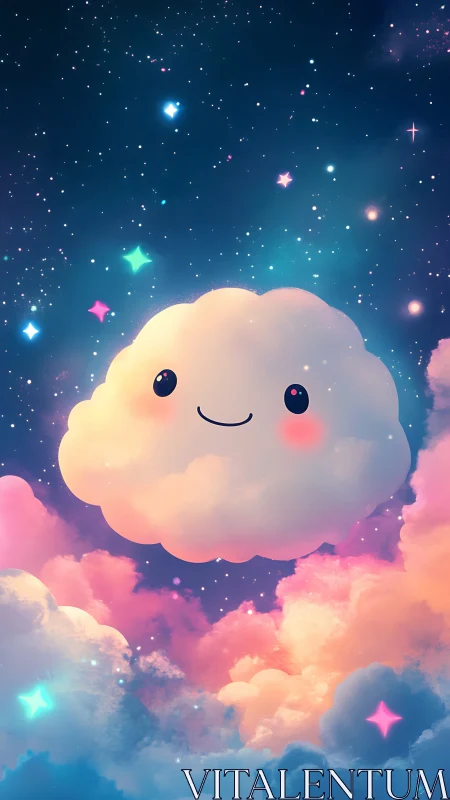 Smiling star-sprinkled cloud drifts through a pastel dream sky
