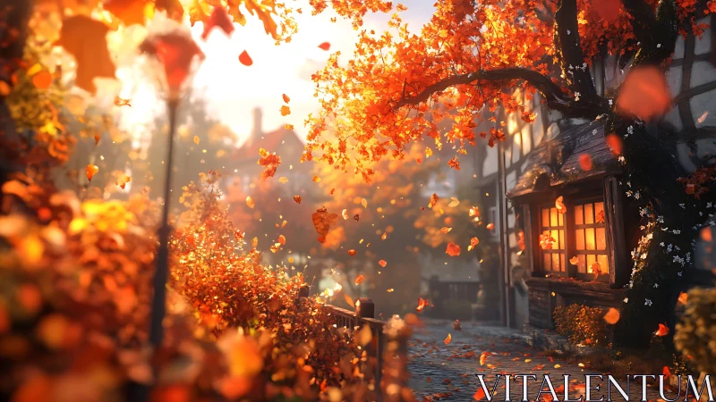 Autumn village street rendered with warm volumetric lighting and bokeh