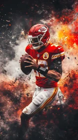 Quarterback in red uniform prepares to throw against fiery backdrop