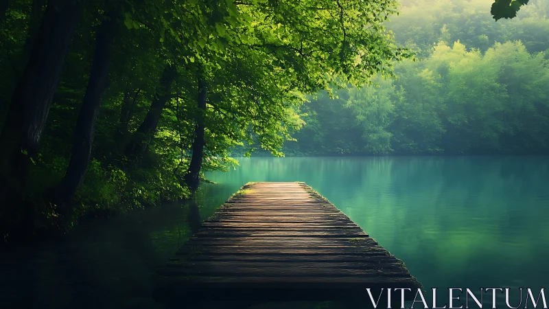 Timber lakeside jetty under dense summer forest canopy glow