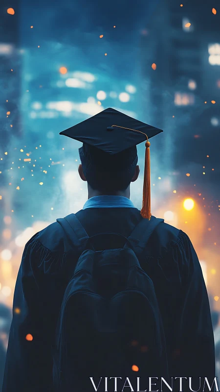 Graduate silhouette facing neon city lights at dusk.